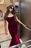 Classy Mermaid Spaghetti Straps Burgundy Velvet Inspo For Women Girls Formal Party Gowns Long Prom Dresses HZ0311
