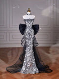 Black Glitter Sequins Tulle Mermaid Prom Dress Strapless Evening Dress With Bow For Teenagers High Schools HZ0311