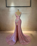 Sparkly Mermaid Spaghetti Strap Pink With Split Long Prom Dresses Formal Dress 20th Birthday Outfits HZ0311