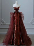 Mermaid Burgundy Mermaid Sequins Tulle Strapless Prom Dress Inspiration Prom Dresses HZ0311