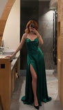 Simple A line Spaghetti Straps Satin Long With High Split Emerald Green Prom Dresses Wedding Guest Dress HZ0311