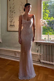 Simple Pink Mermaid Straps Sequin Prom Dresses With Split HZ0311