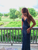 Sparkly Navy Beaded Mermaid Backless Long Prom Dress With Sequins HZ0311