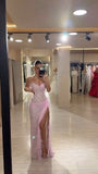 Sexy Mermaid Strapless Pink Lace With Split Prom Dresses Long Evening Formal Gown With Pleated Party Gowns HZ0311