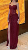Sexy Mermaid Halter Burgundy Lace With Split Prom Dresses Long Evening Formal Gown With Pleated Party Gowns HZ0311