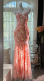 Mermaid Coral Formal Dresses Tulle Sequin Sweetheart Neck Long Prom Dresses Coral Evening Dresses HZ0311