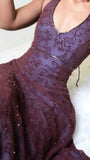 Vintage Mermaid Purple Lace Halter Prom Dresses Long Evening Party Dress Prom Gowns HZ0311