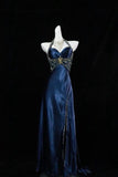 Luxury Mermaid Navy Blue Beaded Slit Evening Dress Formal Prom Dress For Party Gown HZ0311