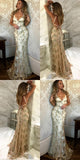 Mermaid Long Prom Dresses,Cross Back Evening Dress Gold Lace Party Dress Prom Gowns HZ0311