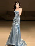 Light Blue Strapless Pleated Prom Dresses Evening Formal Gown Semi Formal Grad Long Prom Dress For Teens HZ0311