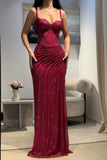 Glitter Bodycon Prom Dress with Sweetheart Neck Spaghetti Straps Ruched Side Slit For Teens High Schools HZ0311