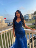 Dark Green Mermaid Tulle Lace Prom Dress Winter Gown Semi Formal Grad Long Prom Dress For Teens HZ0311