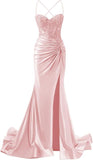 Elegant Pink Mermaid Long Satin Pleated Ruffles Prom Dresses Vestidos De Dia HZ0311