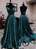 Elegant V Neck Spaghetti Straps A-line Dark Green Prom Dresses Vestidos De Dia HZ0311
