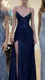 Sexy Navy Blue V-neck Lace-Up Mermaid Long Prom Dress with Slit HZ0311