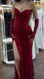 Sparkly Sequin Mermaid Sweetheart Burgundy Sequin With Gloves Prom Dresses Inspiration Evening Gowns For Women Formal Party Prom Dress HZ0311
