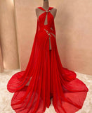 Women Sexy Elegant Mermaid Halter Red Chiffon Bodycon Formal Gowns Evening Maxi Dress Prom Dress Aesthetic For Women Party Outfits HZ0311