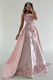Women Elegant Pink A-Line Strapless Satin Party Dress with Appliques and Detachable Train Evening Gowns HZ0311