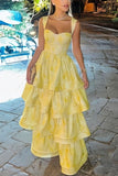 Yellow Printing Yellow Satin A-Line Tiered Sleeveless Long Prom Formal Dress Vestidos De Dia HZ0311