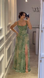 Vintage Emerald Green Spaghetti Straps Sequins Beaded A Line Prom Gown Long Slit Party Dress Formal Evening Gowns HZ0311
