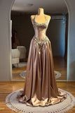 Gorgeous Brown Halter Sleeveless A-Line Prom Dress Pleated with Sequins Vestidos De Dia HZ0311