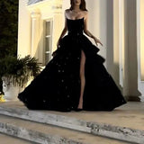 Gorgeous A Line Strapless Sleeveless Lace Up Floor-Length Black Slit Prom Dresses Vestidos Evening Gowns HZ0311
