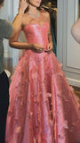 Pink Sweetheart A-Line Satin Beading Floral Long Prom Dress Birthday Outfits Party Dress Formal Vestidos De Dia HZ0311