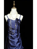 Vintage Night Aesthetic A Line Spaghetti Straps 80s 70s Navy Blue Teens College Formal Outfit Long Prom Graduation Dresses HZ0311