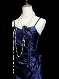 Vintage Night Aesthetic A Line Spaghetti Straps 80s 70s Navy Blue Teens College Formal Outfit Long Prom Graduation Dresses HZ0311