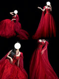 Elegant Ball Gown Sweetheart Red Tulle With Cape Beadings Floor Length Inspiration Long Prom Dresses HZ0311