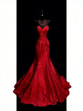 Elegant Mermaid Sweetheart Red Satin With Beadings Ruched Floor Length Inspiration Long Prom Dresses HZ0311