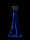 Modest A line Square Neck Royal Blue Satin With Beaded Bodice College Formal Outfit Long Prom Graduation Dresses For Teens HZ0311