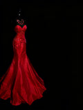 Elegant Mermaid Sweetheart Red Satin With Beadings Ruched Floor Length Inspiration Long Prom Dresses HZ0311