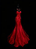 Elegant Mermaid Sweetheart Red Satin With Beadings Ruched Floor Length Inspiration Long Prom Dresses HZ0311