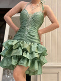 Vintage Sheath Halter Green Halter Drop Waist Hoco Gowns Short Birthday Dress Homecoming Dresses Hoco Gown HZ0311