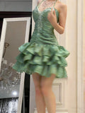 Vintage Sheath Halter Green Halter Drop Waist Hoco Gowns Short Birthday Dress Homecoming Dresses Hoco Gown HZ0311