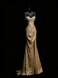 Modest Mermaid Spaghetti Straps Gold Sequin College Formal Outfit Long Prom Graduation Dresses For Teens HZ0311
