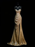 Modest Mermaid Spaghetti Straps Gold Sequin College Formal Outfit Long Prom Graduation Dresses For Teens HZ0311