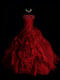 Modest Ball Gown Strapless Red Satin 80s Long Prom Dresses Inspiration Party Gowns Vintage Sweet 16 Dress HZ0311