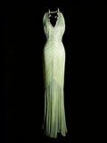 Modest Mermaid V Neck Mint Green Beaded Senior 80s Prom Dresses High School Long Formal Dress HZ0311