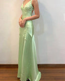 Pretty Mermaid V Neckline Green Satin Backless Evening Dress Prom Dresses With Beads HZ0311
