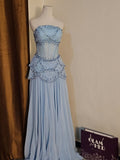 Luxury Baby Blue Pearl Chiffon Prom Dress Princess Birthday Dress For Women HZ0311
