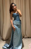 Luxury Blue Formal Evening Dresses Modern Style Beaded Mermaid Pleat Prom Dresses For Women HZ0311