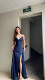 Modest Mermaid V Neckline Marine Ball Dresses Long Formal Gowns Navy Blue Sequin Slit Prom Dresses Evening Gowns HZ0311