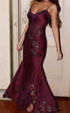 Glitter Mermaid Spaghetti Strap Dark Burgundy Long Prom Dresses Formal Party Dress Cocktail Maxi Evening Gowns HZ0311