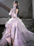 Modest High Low Strapless Purple Satin With Lace Prom Dresses Long Party Dress Grad Formal Evening Dresses HZ0311