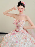Cute Ball Gown Sweetheart Pink Flowers Long Tulle Quinceanera Dress Sweet 15 16 Dresses HZ0311