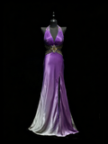 Modest Mermaid V Neck Grape White Ombre Slit College Formal Outfit Long Prom Graduation Dresses For Teens HZ0311