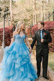 Cute Ball Gown Off The Shoulder Light Sky Blue Lace Tulle Prom Dresses Party Dress Birthday Outfits Graduation Dress HZ0311