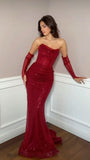 Unique Mermaid Strapless Red Sequins With Pleated Long Prom Dresses Formal Gown Inspo Evening Outfit With Gloves HZ0311